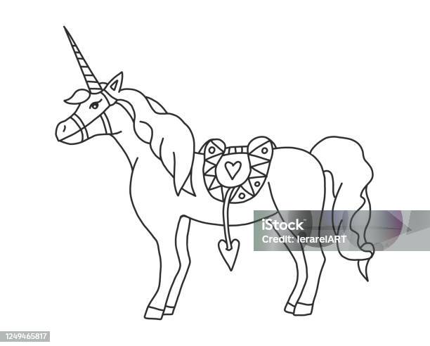 Vector coloring with realistic unicorn coloring pages for adults and children with a magic horse for creativity beautiful horse with a horn mane and saddle stock illustration