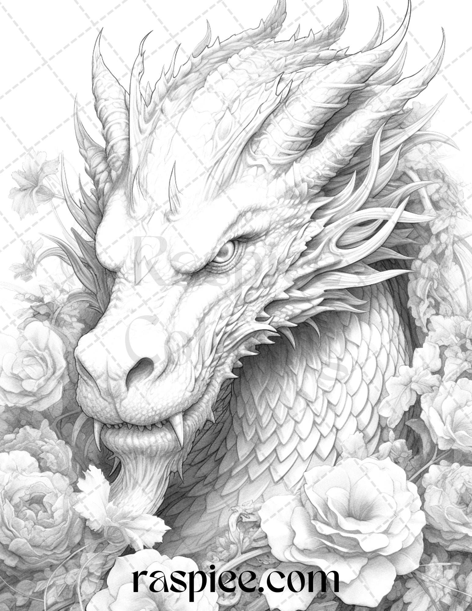 Flower dragon grayscale coloring pages printable for adults pdf fi â coloring