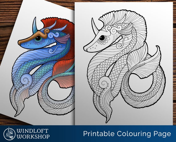 Water dragon coloring page sea serpent leviathan sea creature fantasy art magical creature easy to color printable digital download