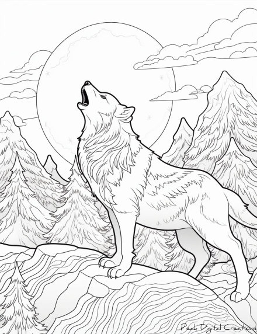 Moonlit serenade wolf howling coloring page instant download