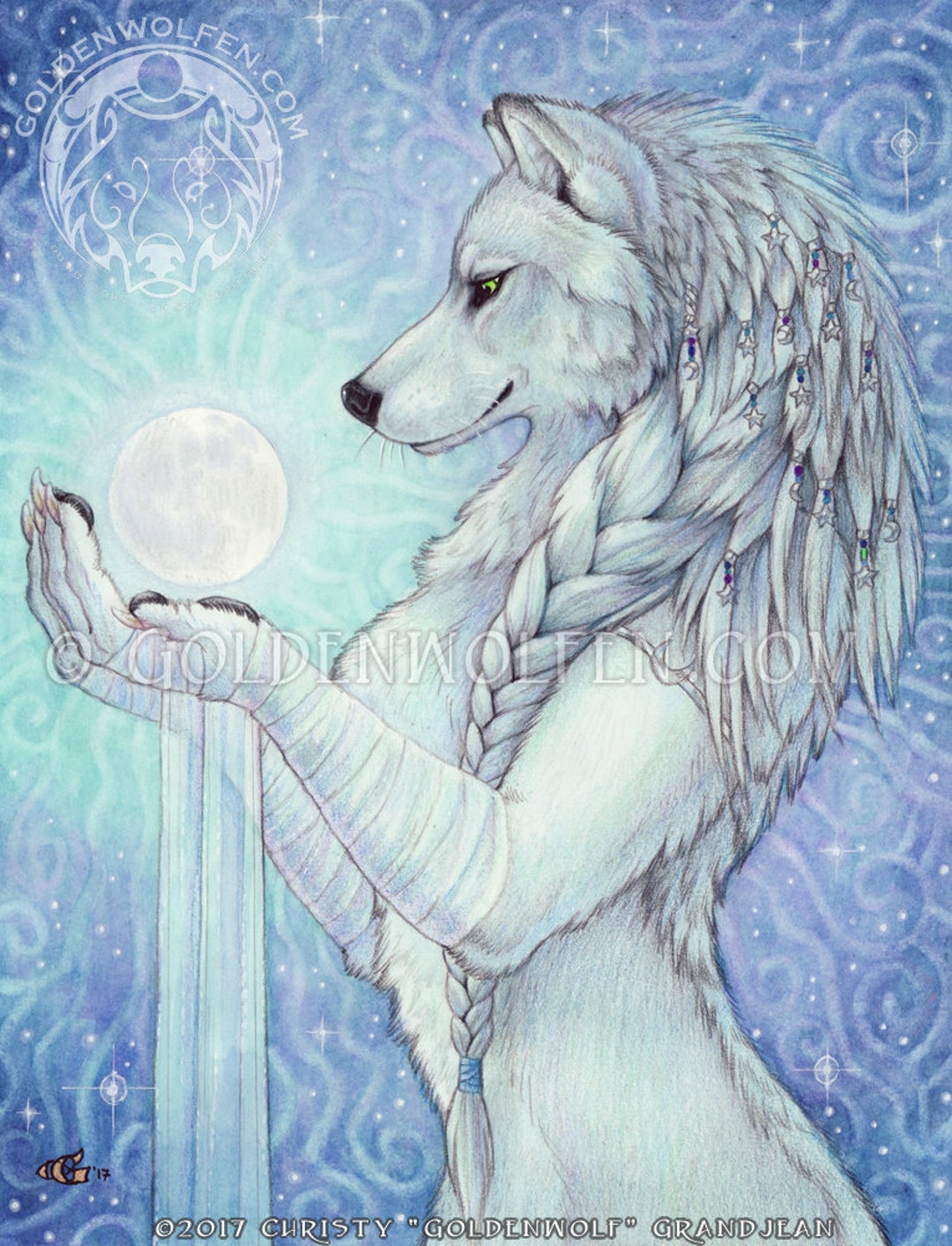 White wolf with cosmic full moon print