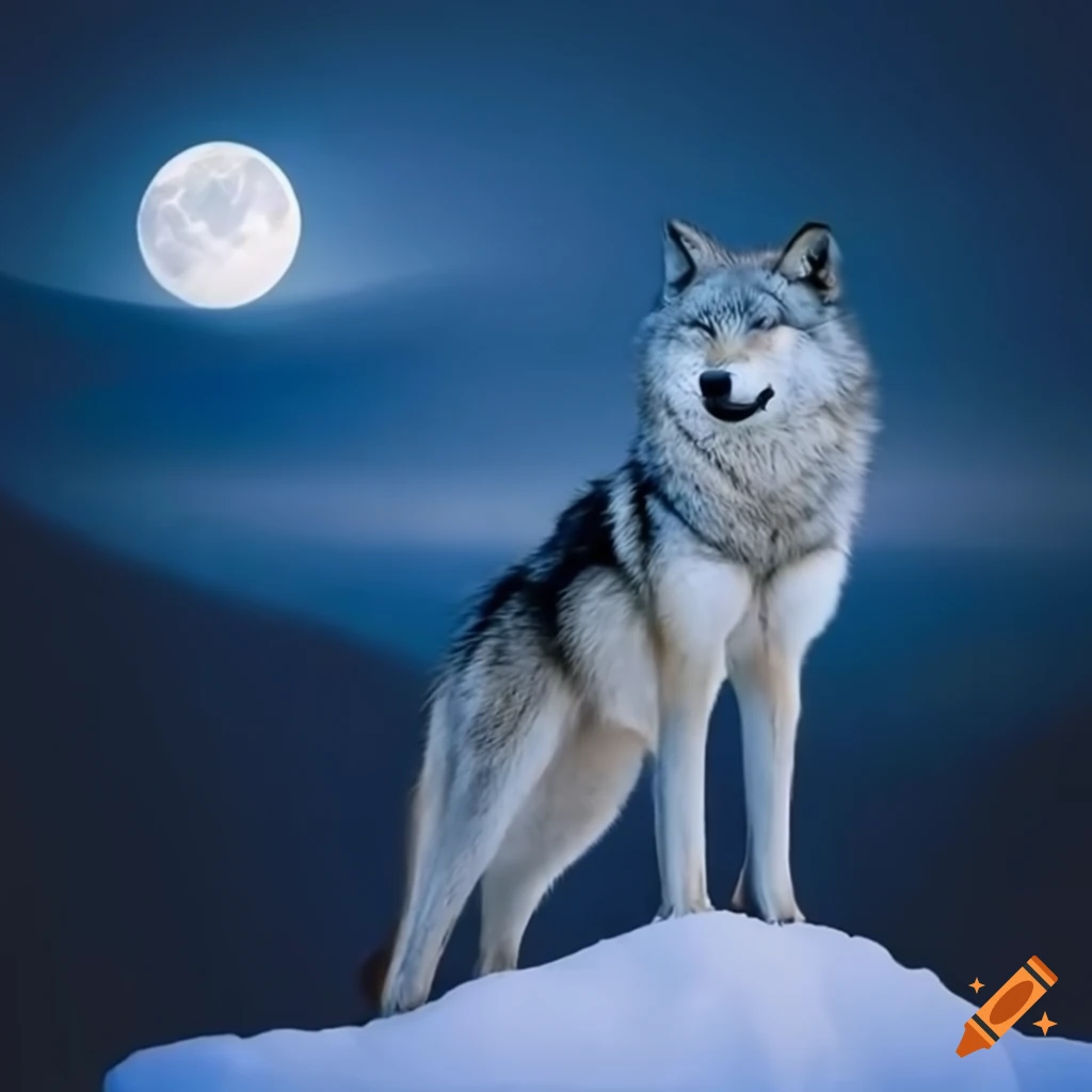 Photo of a wolf on a snowy cliff at night on