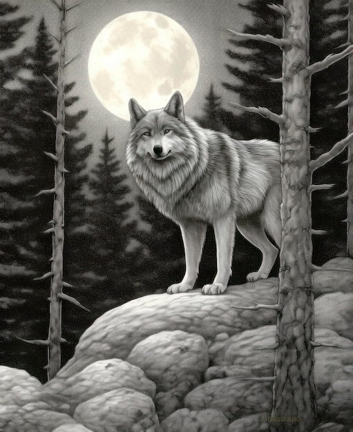 Premium ai image coloring pages for adult wolf in the moon greyscale