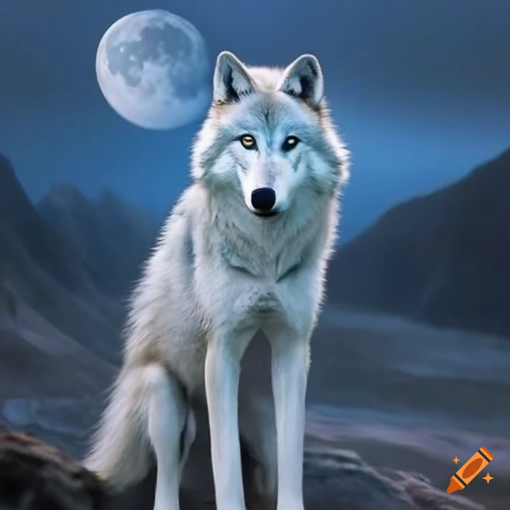 White wolf under blue moonlight on