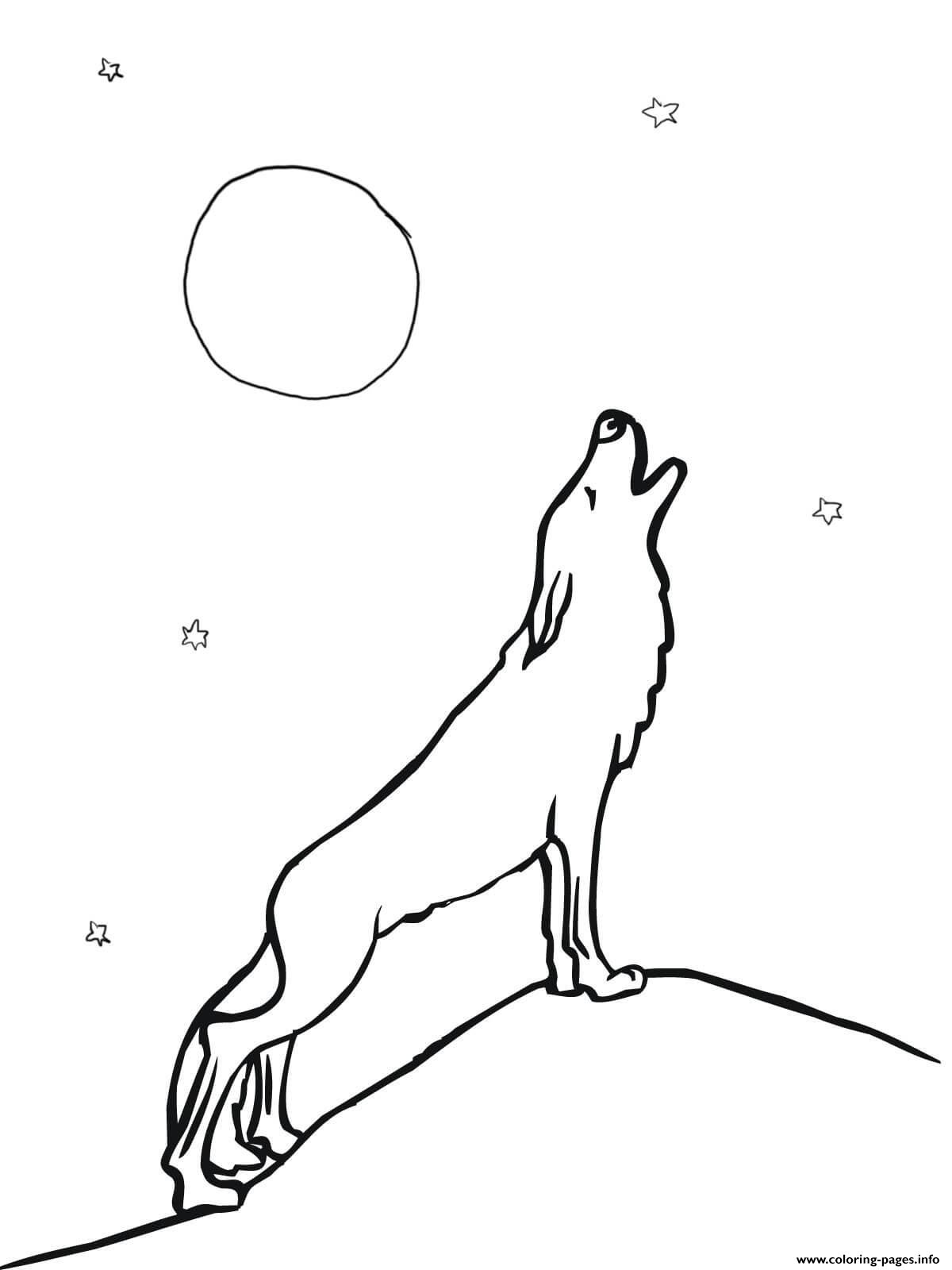 Wolf howling at moon coloring page printable