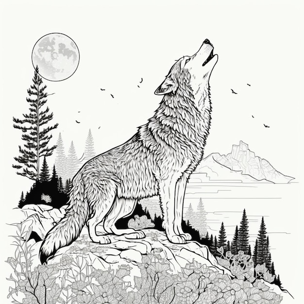 Premium ai image coloring pages wolf howling at the moon coloring pages for adults generative ai