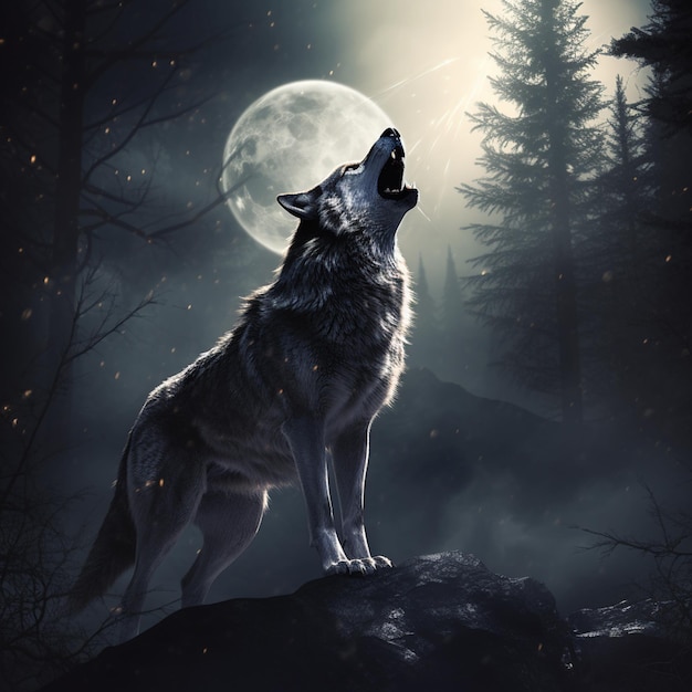 Premium ai image howling wolf in the moonlight with full moon in background generative ai