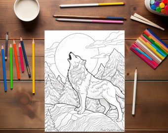 Moonlit serenade wolf howling coloring page instant download