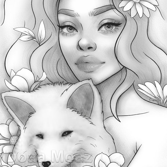 Printable coloring page black girl floral animal portrait