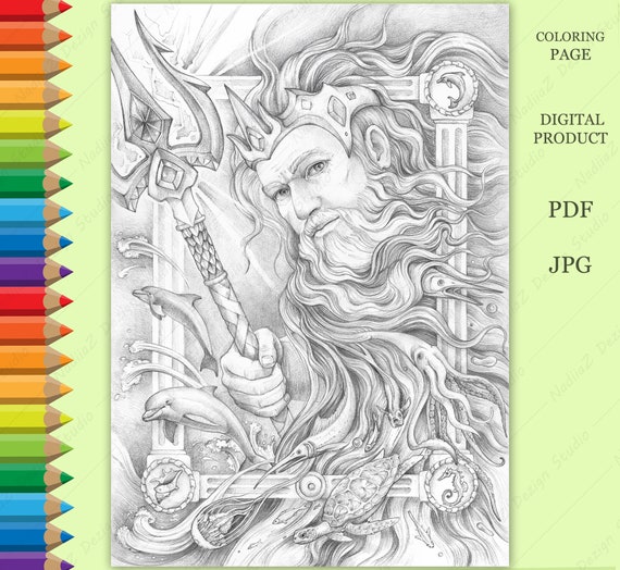 Adult coloring page of grayscale portrait of poseidon pdf