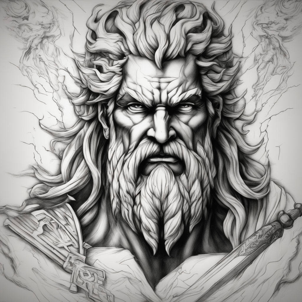 Create a black and white drawing of the mighty greek god zeus