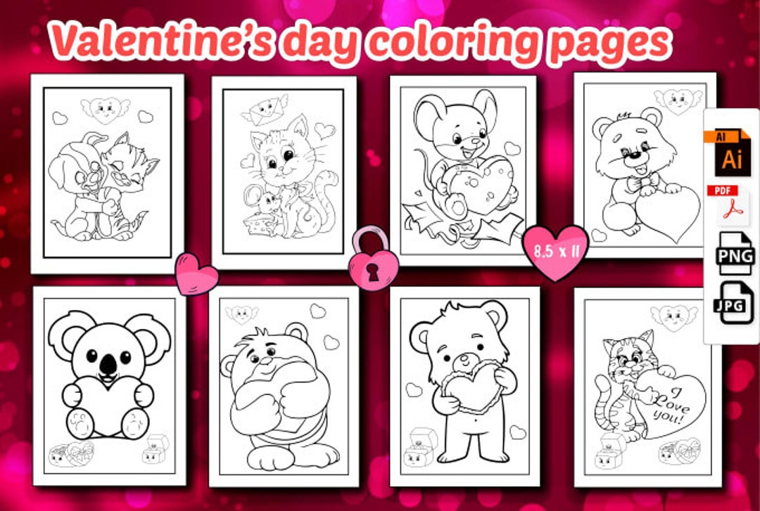 Valentines day coloring pages kids coloring instant download printable sheets