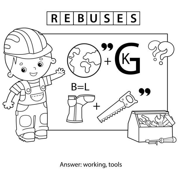 Rebus or logic puzzle game for children coloring page outline of cartoon worker with tools coloring book for kids stock illustration