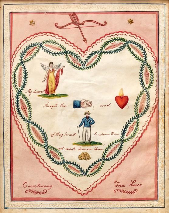 Regency period handmade valentine in the form of a rebus a puzzle with words represented by pictures ink waterlour the recto with central heart