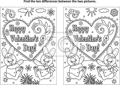 Valentines day find the ten differences picture puzzle and coloring â wall stickers vector illustration education