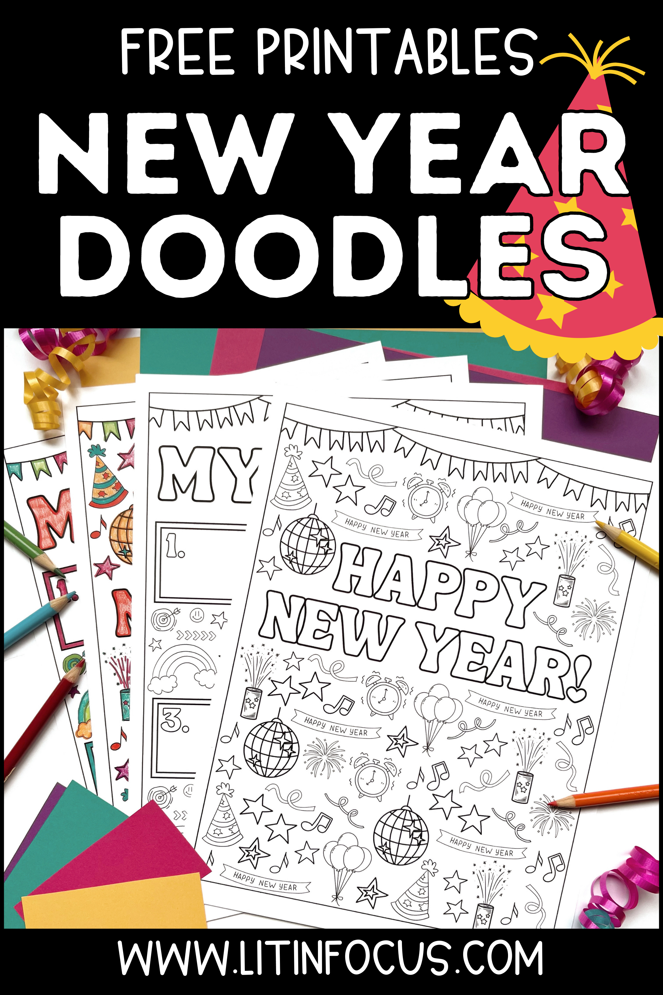 Free goal worksheet and happy new year coloring pages for kids