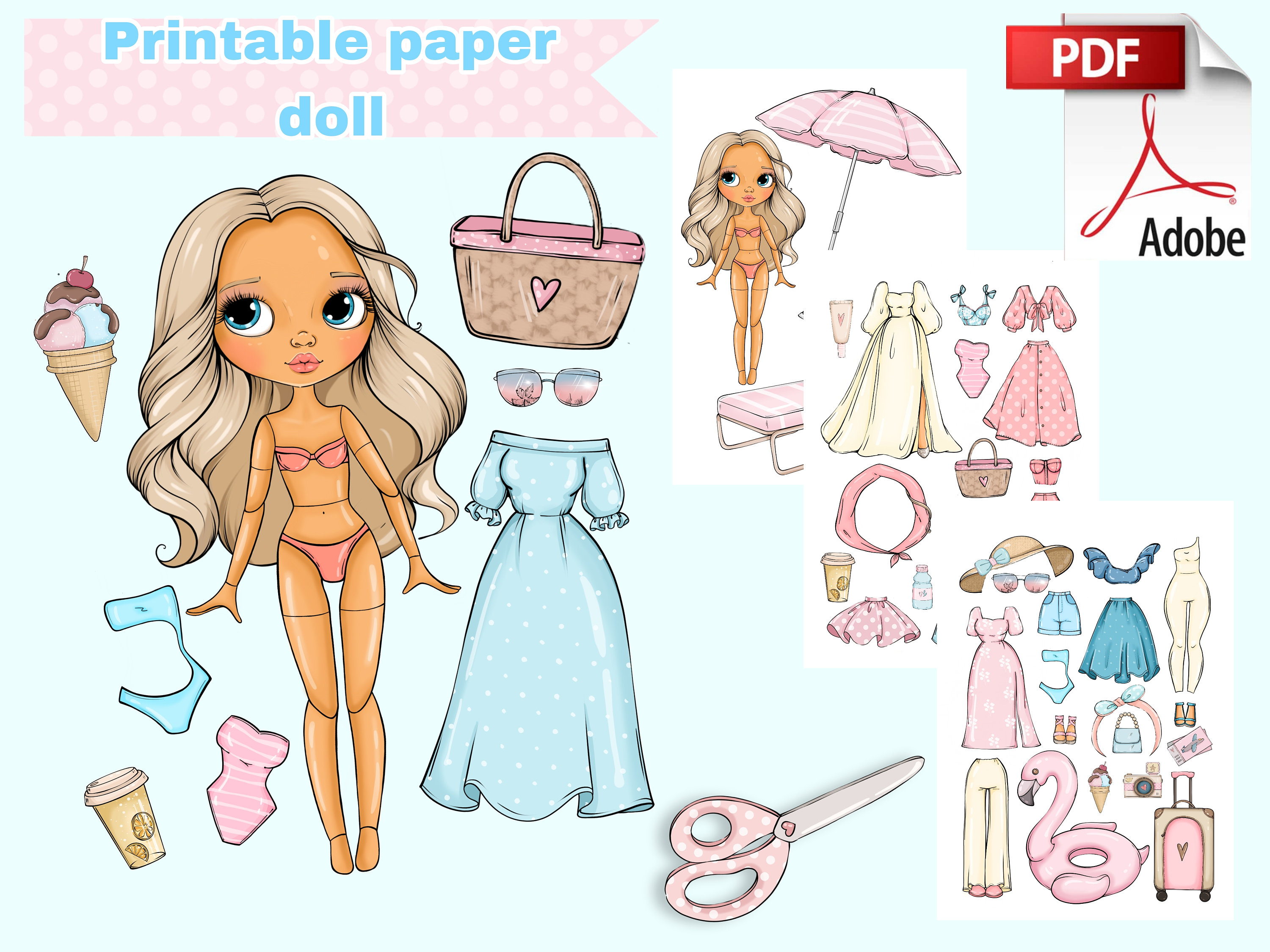 Printable paper doll summer blythe with clothes digital pdf girly busy book activity dress up cut out doll fashion girl template diy