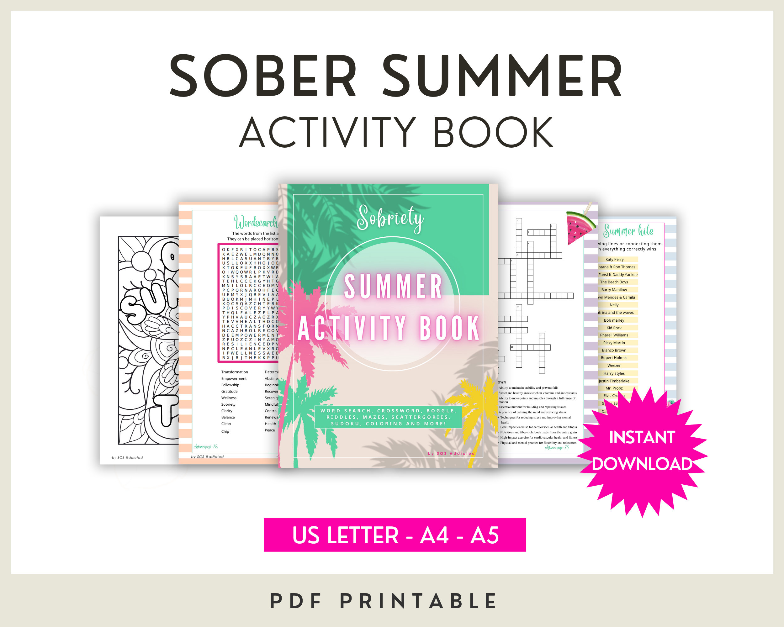 Sobriety activity book for summer addiction recovery games coloring pages puzzle word search maze sudoku printable pdf activity sheets