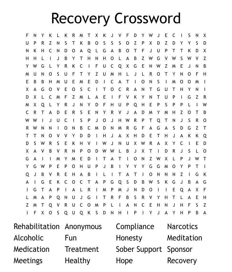 Recovery crossword word search