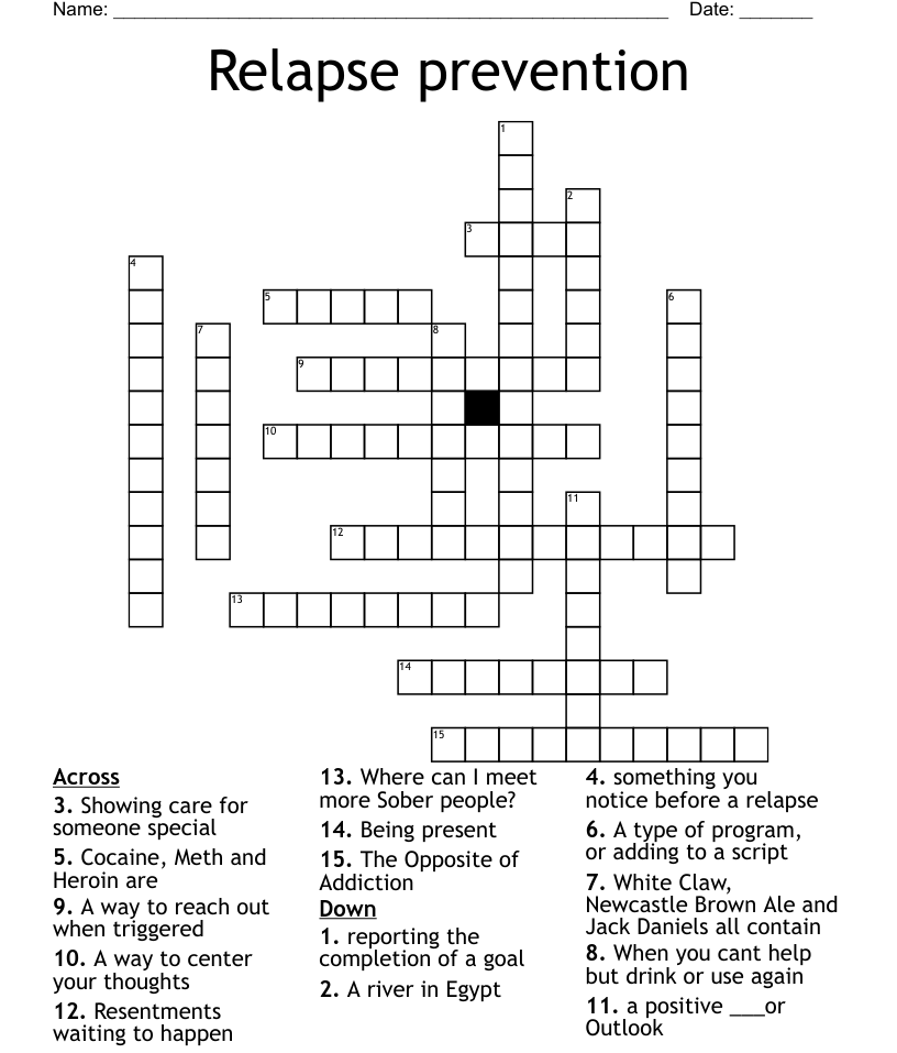 Relapse prevention crossword