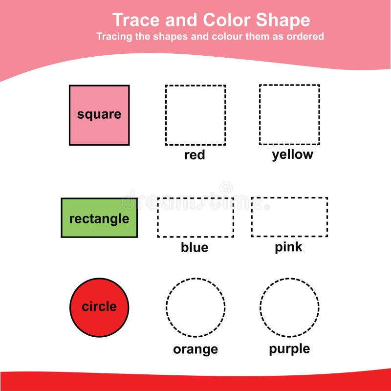 Tracing and coloring the shapes worksheet educational printable math worksheet additional coloring page for kids stock vector