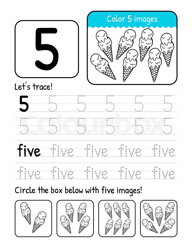 Word and number five tracing book interior worksheet page with coloring and counting activities stock vector