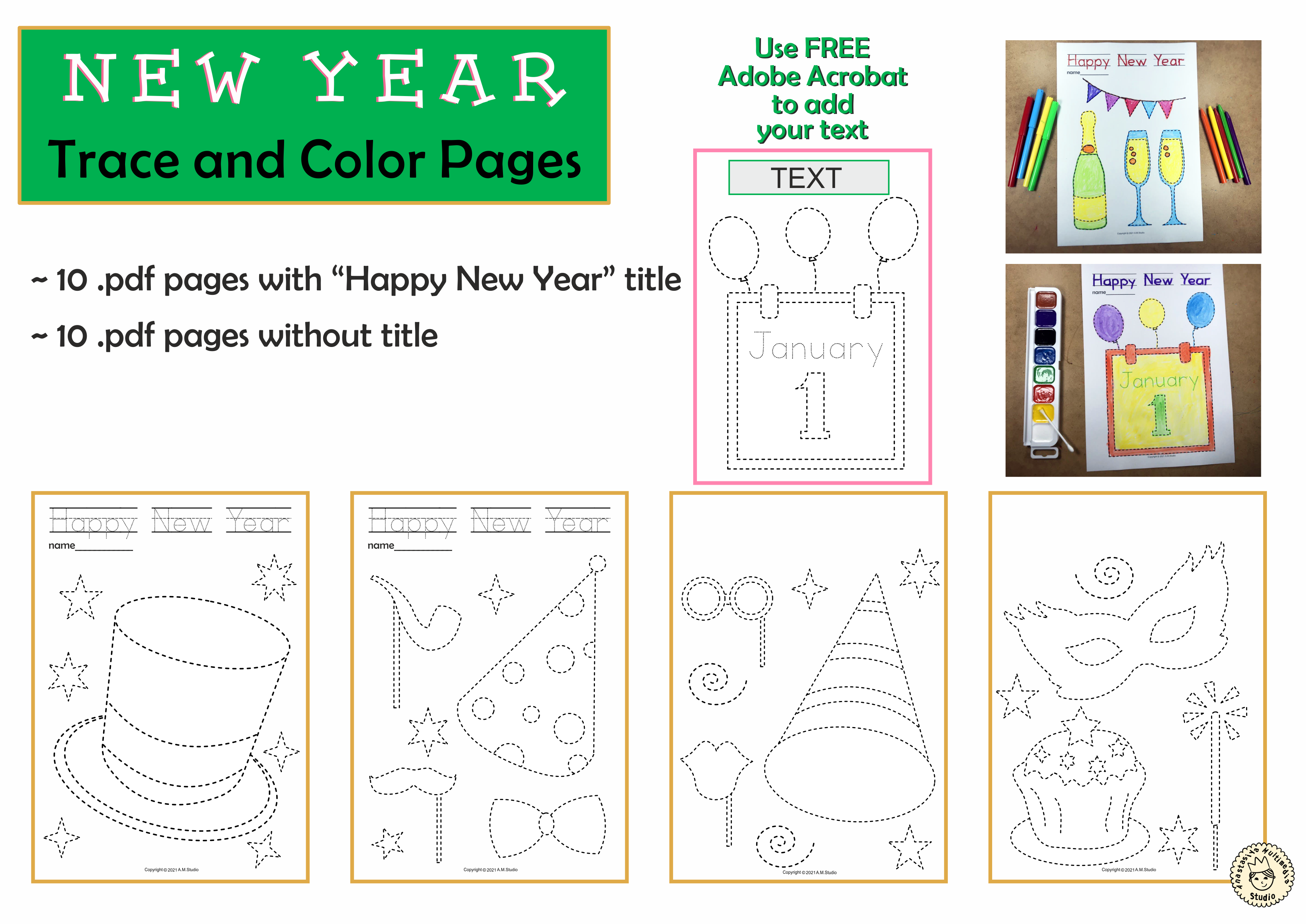 New year picture tracing worksheets for pre