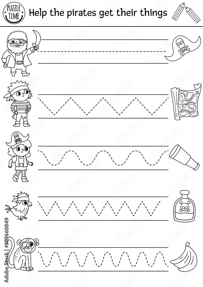 Vector pirate handwriting practice worksheet treasure island printable black and white activity for preschool children tracing game for writing skills coloring page with cute pirates vector