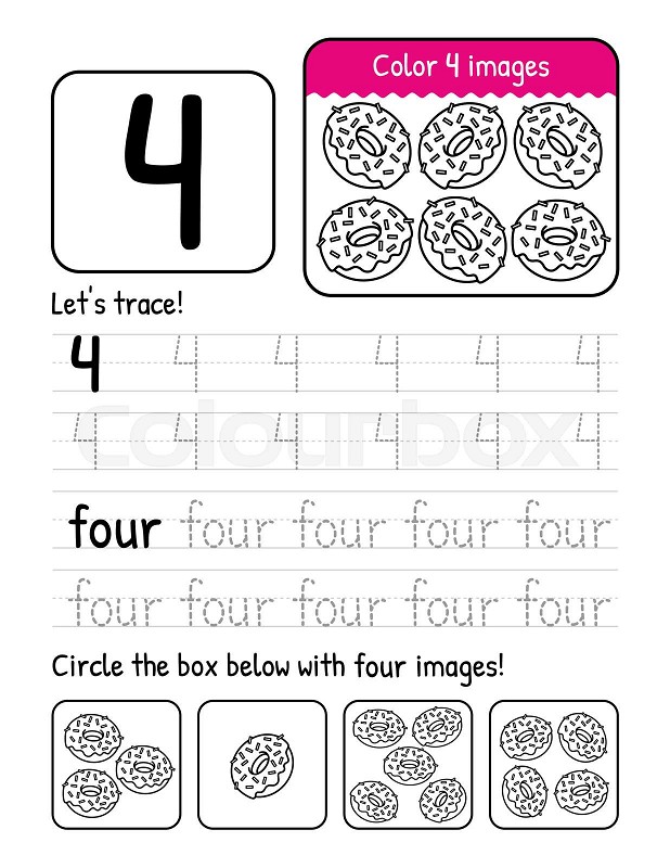 Word and number four tracing book interior worksheet page with coloring and counting activities stock vector