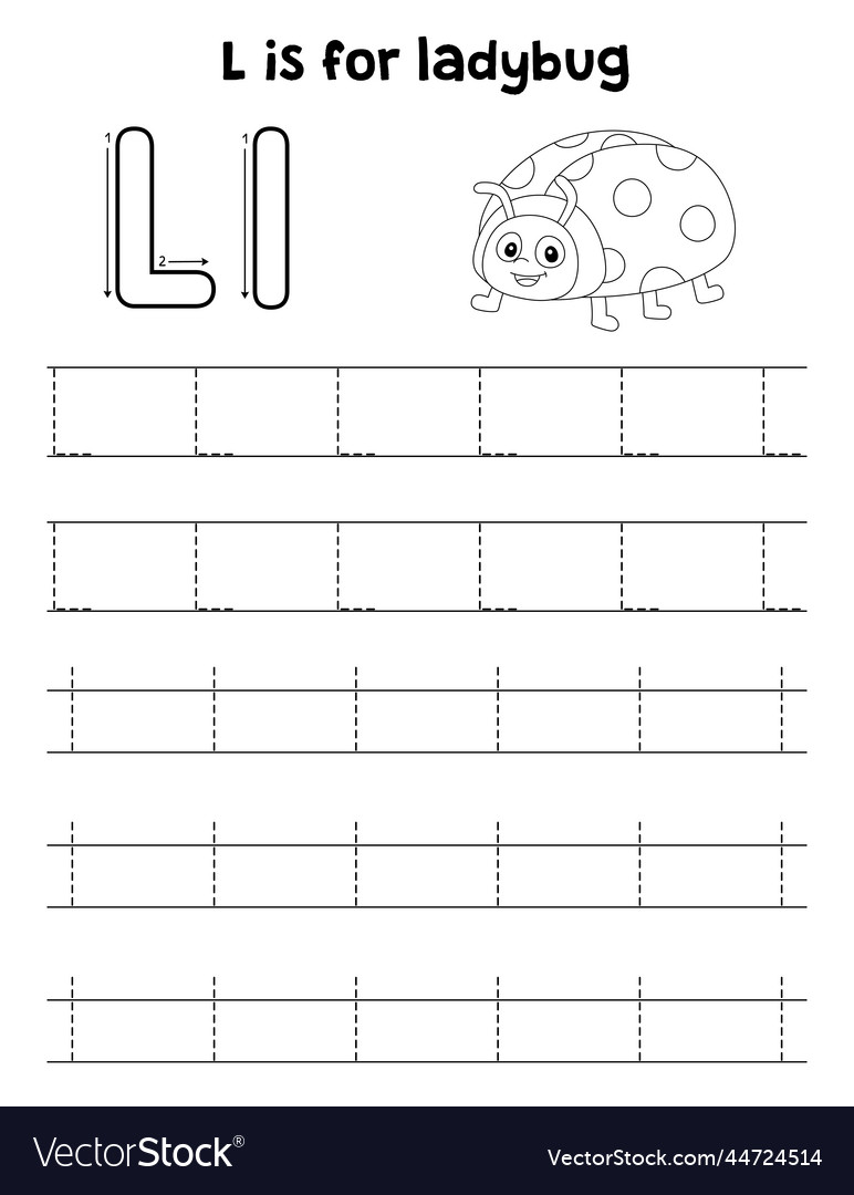 Ladybug animal tracing letter abc coloring page l vector image