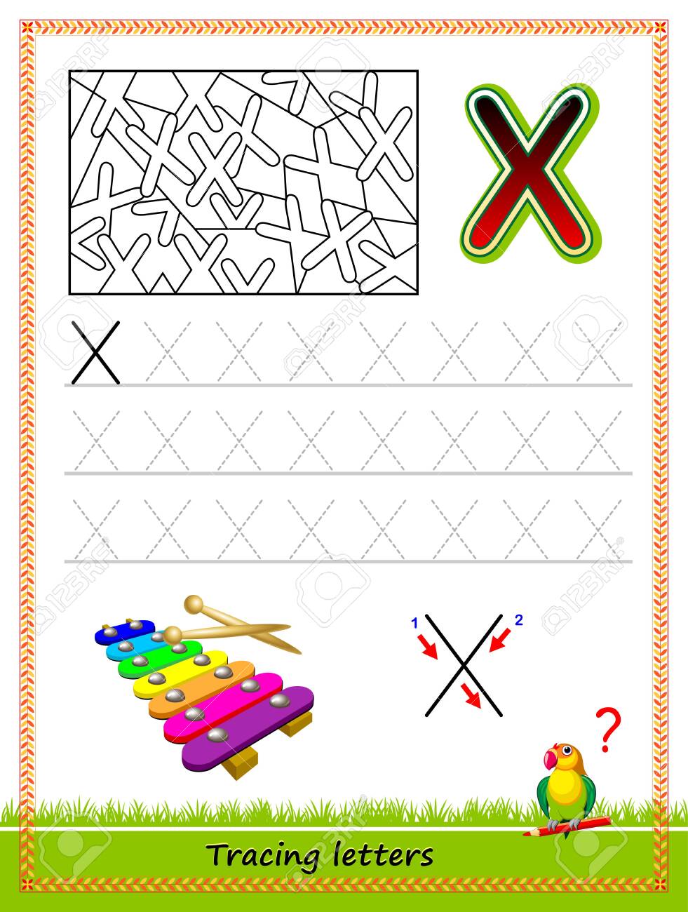 Worksheet for tracing letters find and paint all letters x kids activity sheet educational page for children coloring book developing skills for writing and tracing abc online education royalty free svg cliparts