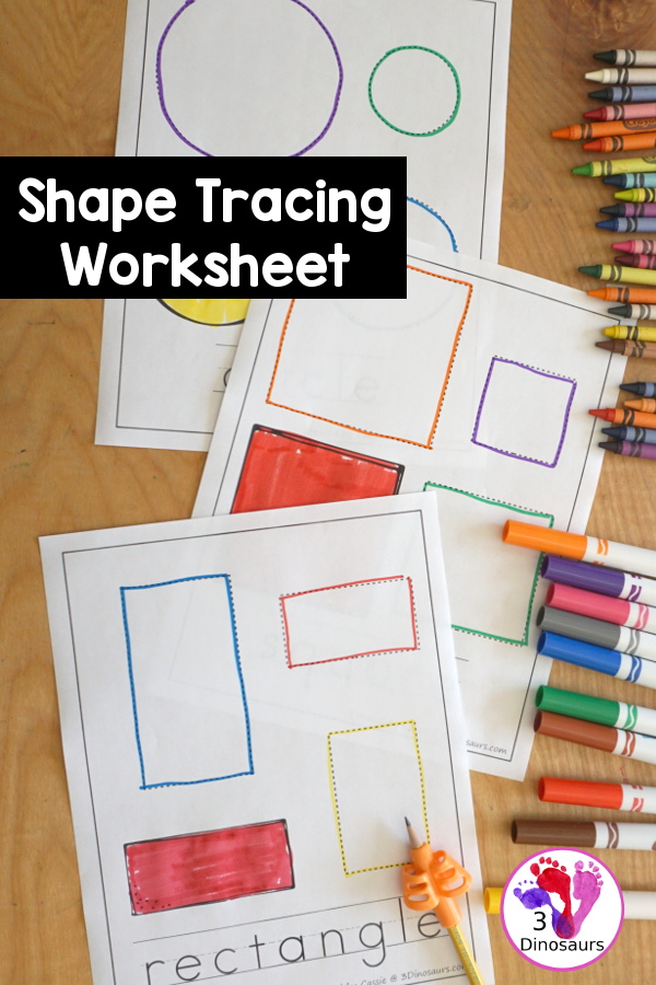 Free shape tracing printable with coloring dinosaurs