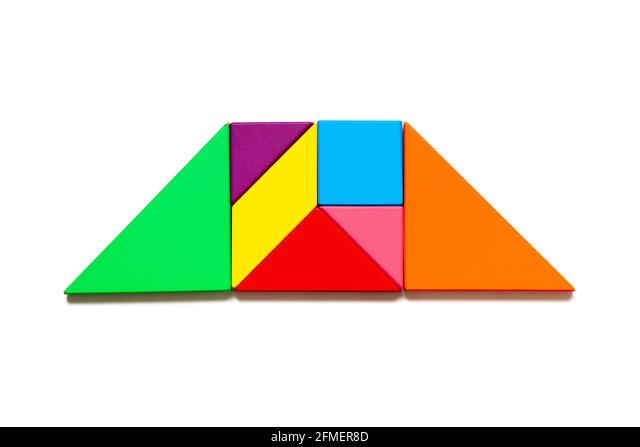 Color tangram puzzle in trapezium shape on white background stock photo