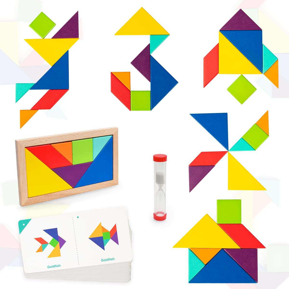 Synarry bloques de madera para niãos tangrams para niãos de a aãos patrones de formas de madera tangram juego de tarjetas de rompecabezas de clase kit geomãtrico juego