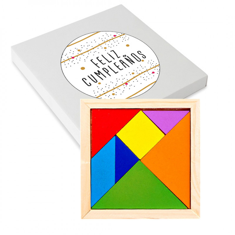 Tangram con piezas en caja de cartãn con adhesivo de cumpleaãos