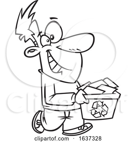 Cartoon black and white happy man carrying a recycle bin by toonaday