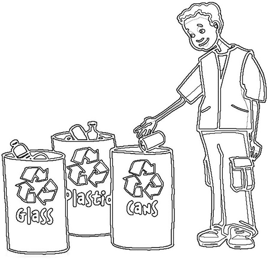 The boy put his can in the recycle bin coloring page