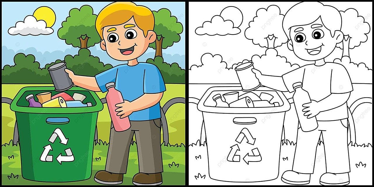 Boy recycling coloring page colored illustration environment outline coloring book vector environment outline coloring book png and vector with transparent background for free download