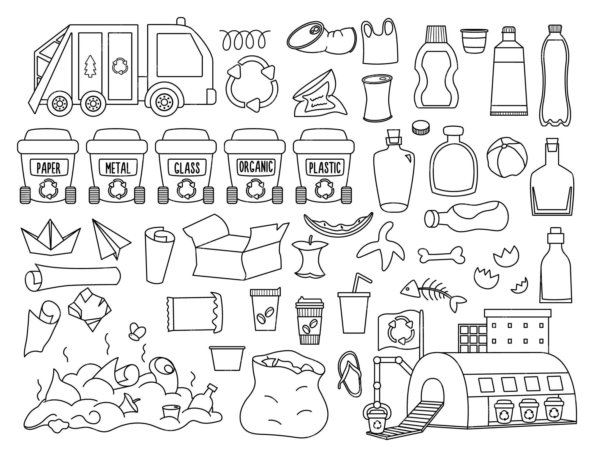 Premium vector waste recycling and sorting black and white collection vector ecological line set for kids earth day illustration with rubbish bins garbage recycle plant truck environment friendly coloring pagexa