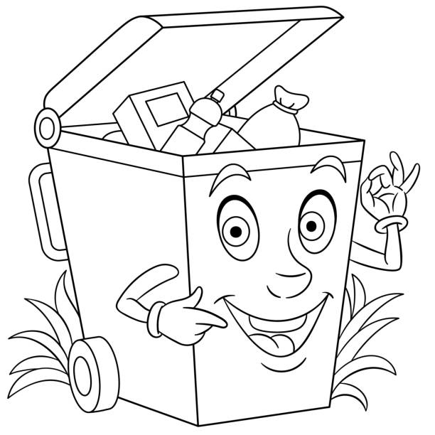 Coloring page of cartoon garbage bin stock illustration