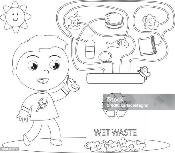 Wet waste recycling coloring game stock illustration