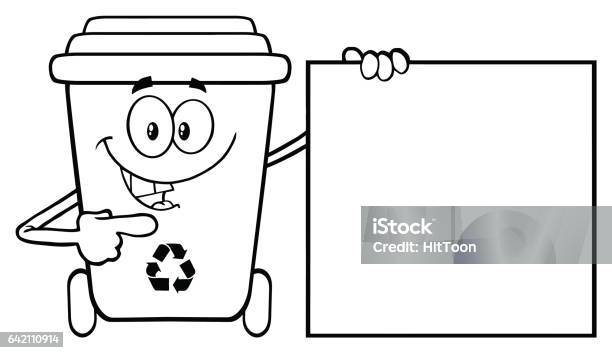 Talking black and white recycle bin cartoon mascot character pointing to a blank sign banner stock illustration