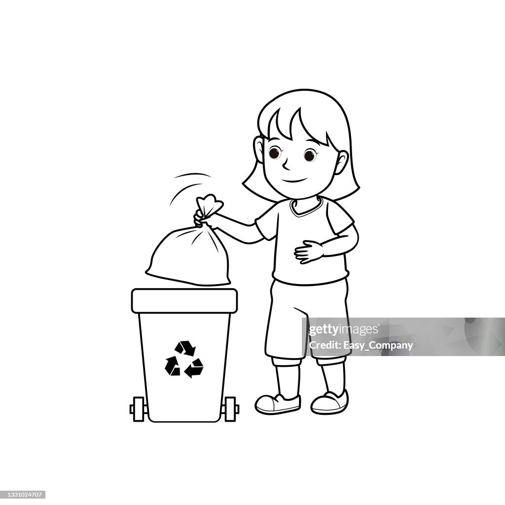 Black and white vector illustration of kids activity coloring book page with pictures of kid doing housework by throw away rubbish high