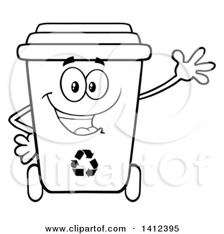 Clipart of a cartoon black and white lineart recycle bin character waving