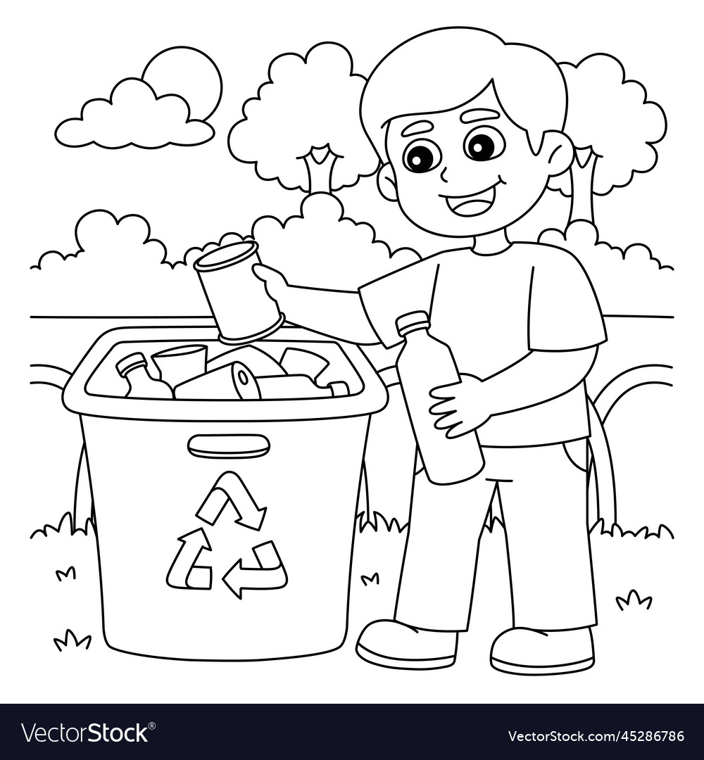 Boy recycling coloring page for kids royalty free vector