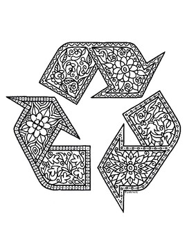 Recycling symbol earth day zentangle coloring page by pamela kennedy