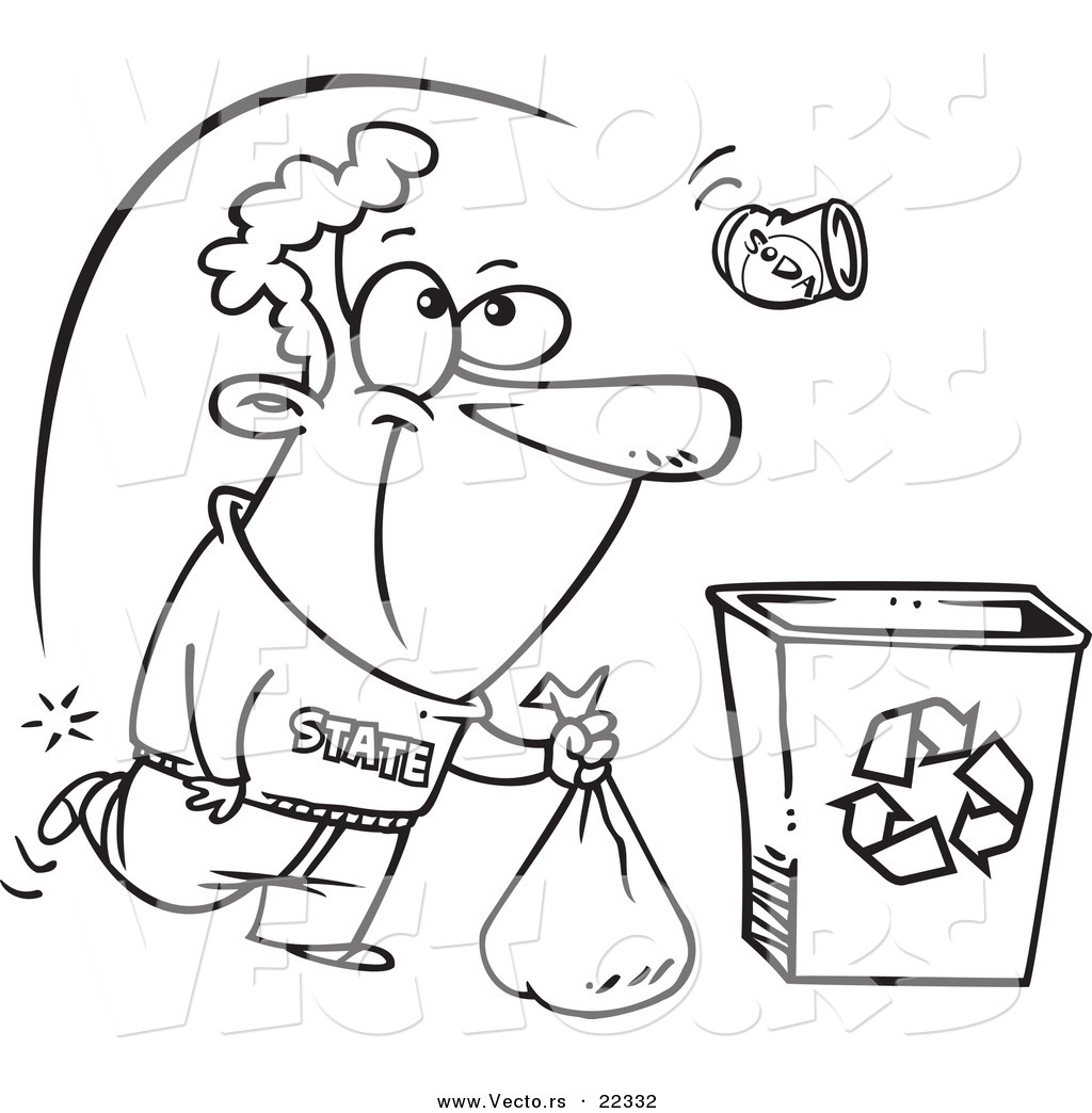 R of a cartoon can flying over a man to a recycle bin