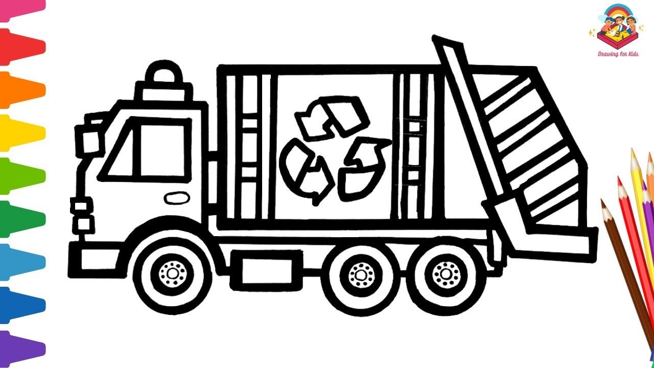 Recycling truck drawing painting and coloring for kids toddlers how to draw truck