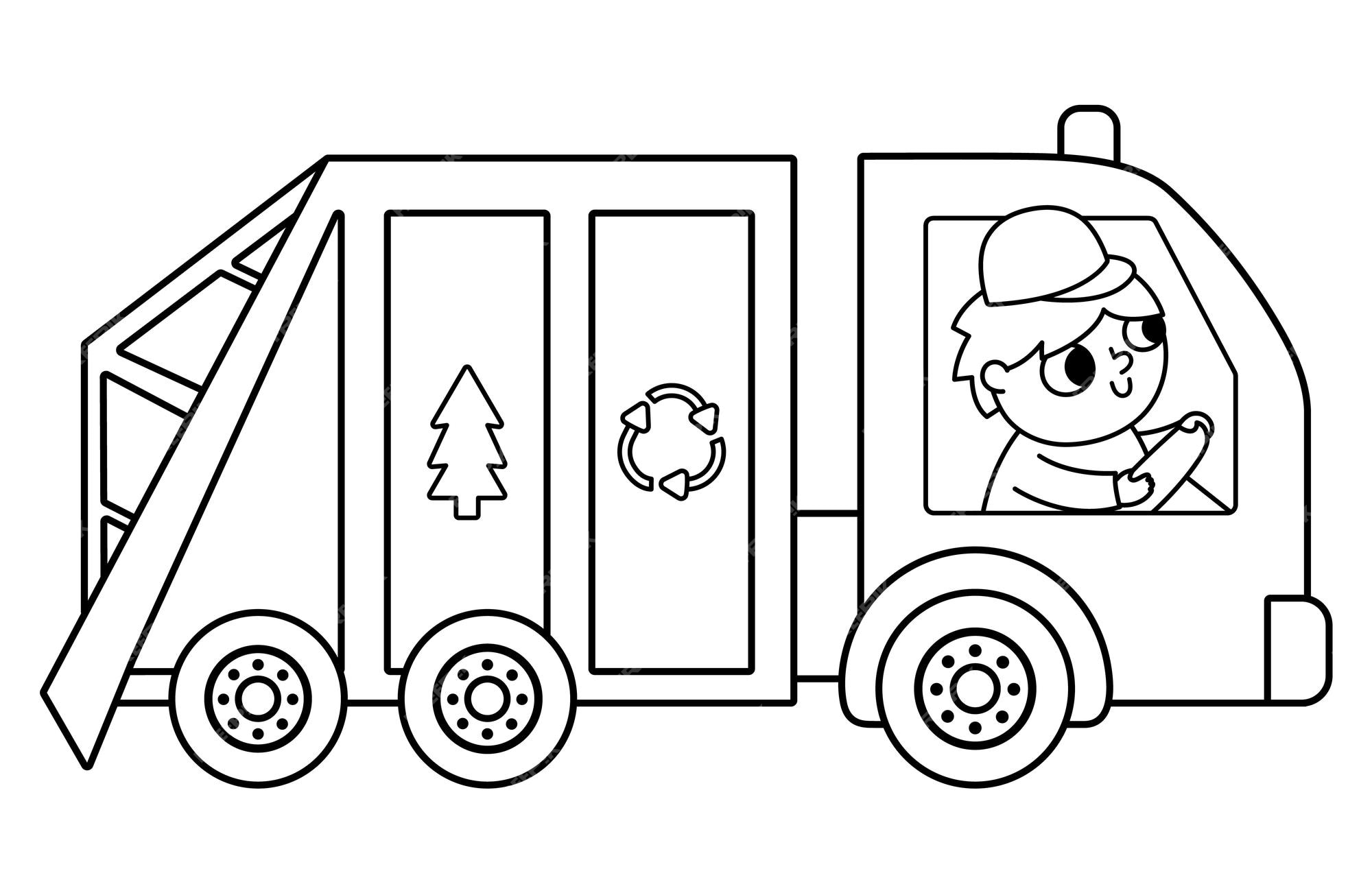 Premium vector black and white garbage truck icon man driving rubbish van with recycling sign line trash car illustration waste sorting concept vector environment protection coloring page