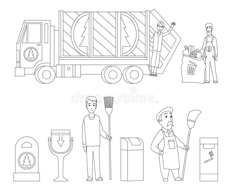 Garbage collection coloring book page garbage truck garbage man in uniform waste bag recycle bin stock vector